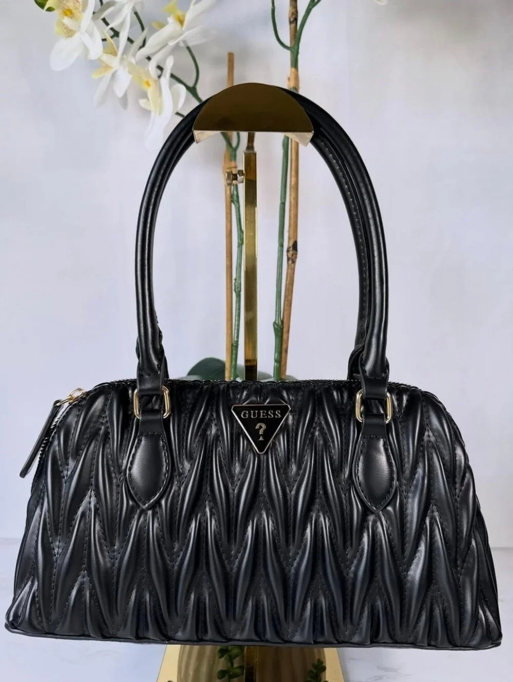 GUESS Black Quilted-Style Satchel with Gold Hardware